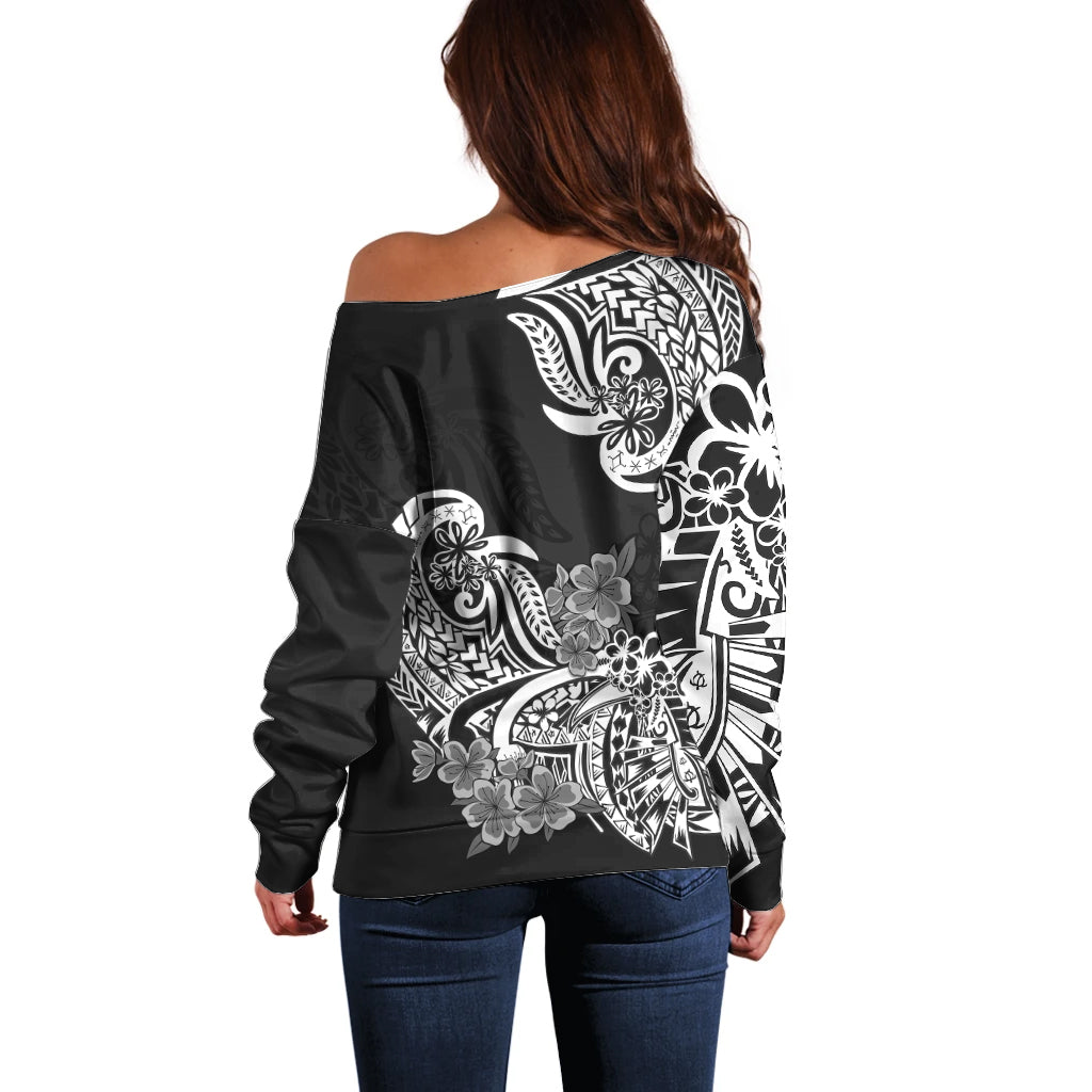 Polynesian Off Shoulder Sweater Pacific Flower Mix Floral Tribal Tattoo Black Vibe - Wonder Print Shop