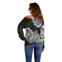 Polynesian Off Shoulder Sweater Pacific Flower Mix Floral Tribal Tattoo Black Vibe - Wonder Print Shop