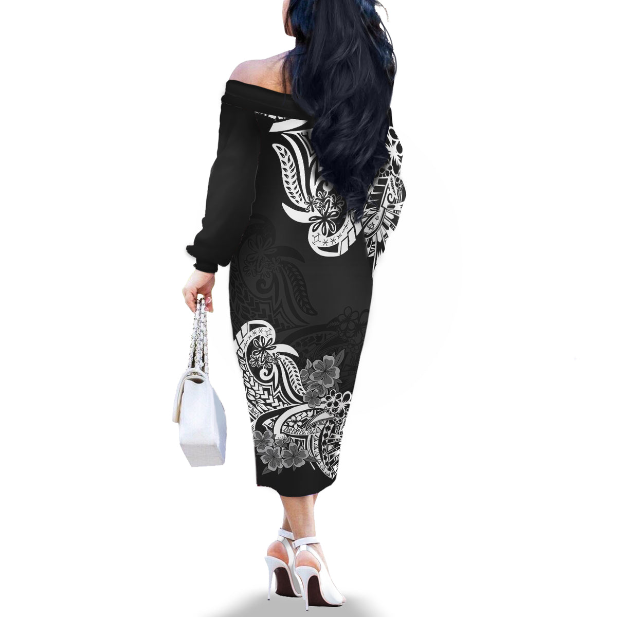Polynesian Off The Shoulder Long Sleeve Dress Pacific Flower Mix Floral Tribal Tattoo Black Vibe - Wonder Print Shop
