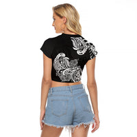 Polynesian Raglan Cropped T Shirt Pacific Flower Mix Floral Tribal Tattoo Black Vibe - Wonder Print Shop