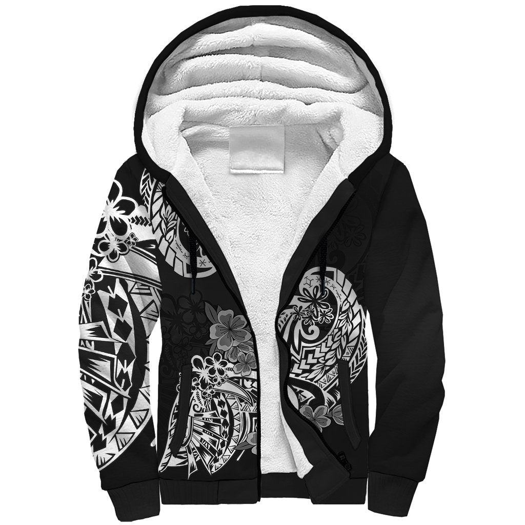 Polynesian Sherpa Hoodie Pacific Flower Mix Floral Tribal Tattoo Black Vibe - Wonder Print Shop