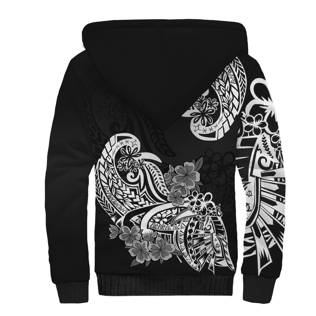 Polynesian Sherpa Hoodie Pacific Flower Mix Floral Tribal Tattoo Black Vibe - Wonder Print Shop