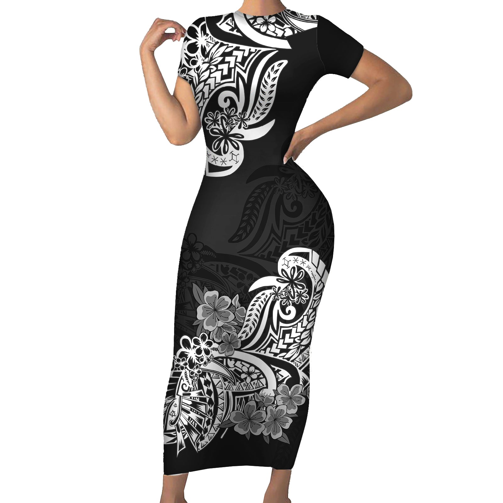 Polynesian Short Sleeve Bodycon Dress Pacific Flower Mix Floral Tribal Tattoo Black Vibe - Wonder Print Shop