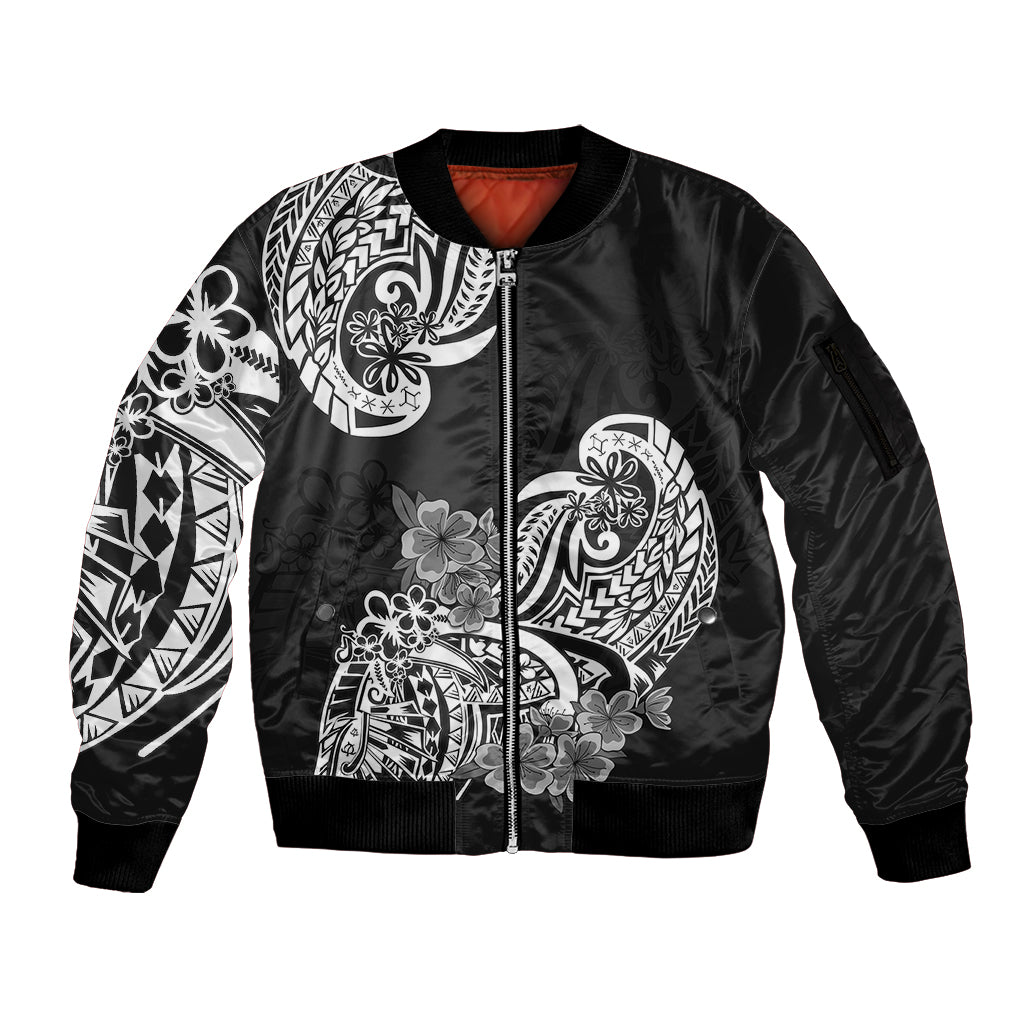 Polynesian Sleeve Zip Bomber Jacket Pacific Flower Mix Floral Tribal Tattoo Black Vibe - Wonder Print Shop