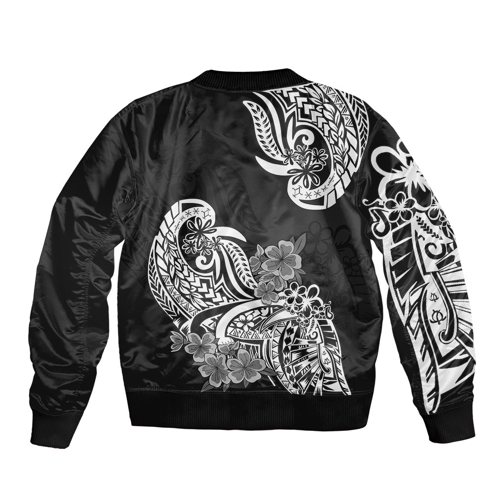Polynesian Sleeve Zip Bomber Jacket Pacific Flower Mix Floral Tribal Tattoo Black Vibe - Wonder Print Shop