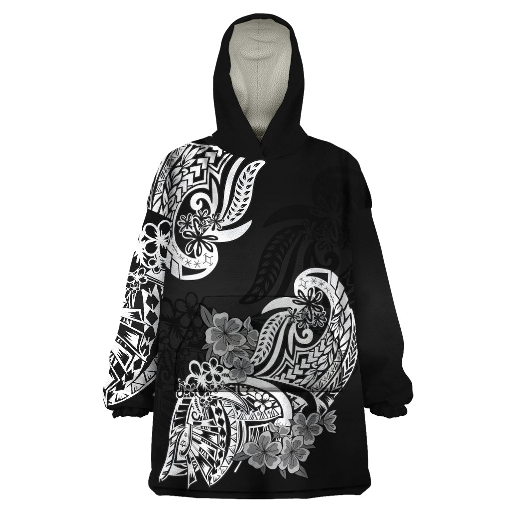 Polynesian Wearable Blanket Hoodie Pacific Flower Mix Floral Tribal Tattoo Black Vibe - Wonder Print Shop