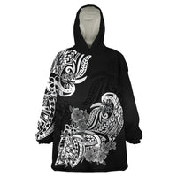 Polynesian Wearable Blanket Hoodie Pacific Flower Mix Floral Tribal Tattoo Black Vibe - Wonder Print Shop