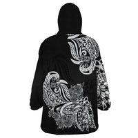 Polynesian Wearable Blanket Hoodie Pacific Flower Mix Floral Tribal Tattoo Black Vibe - Wonder Print Shop