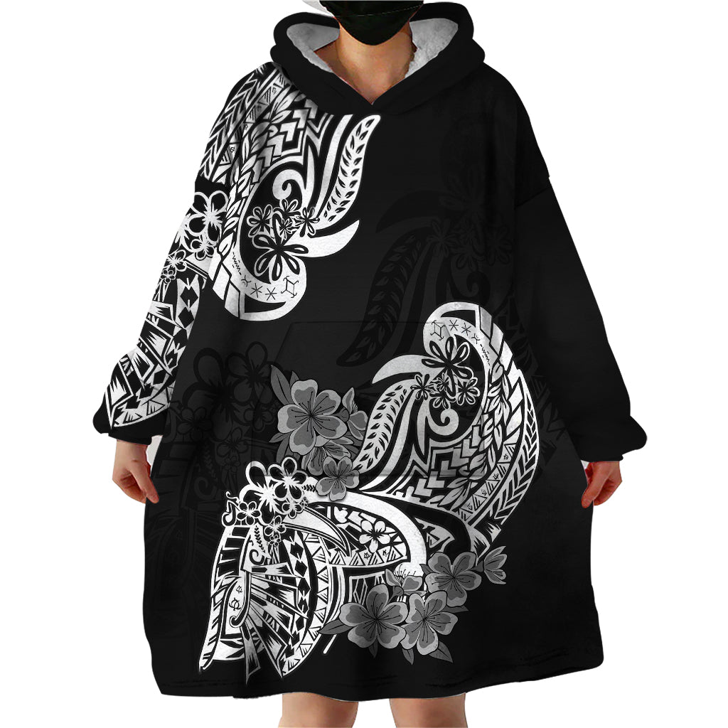 Polynesian Wearable Blanket Hoodie Pacific Flower Mix Floral Tribal Tattoo Black Vibe - Wonder Print Shop