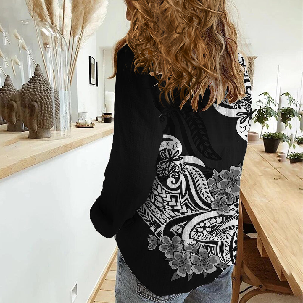 Polynesian Women Casual Shirt Pacific Flower Mix Floral Tribal Tattoo Black Vibe - Wonder Print Shop