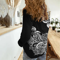 Polynesian Women Casual Shirt Pacific Flower Mix Floral Tribal Tattoo Black Vibe - Wonder Print Shop