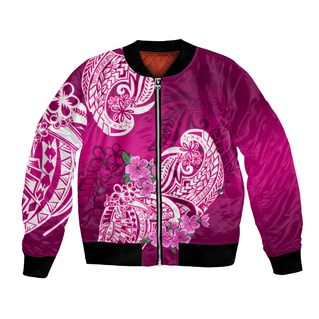 Polynesian Bomber Jacket Pacific Flower Mix Floral Tribal Tattoo Pink Vibe LT9 - Wonder Print Shop