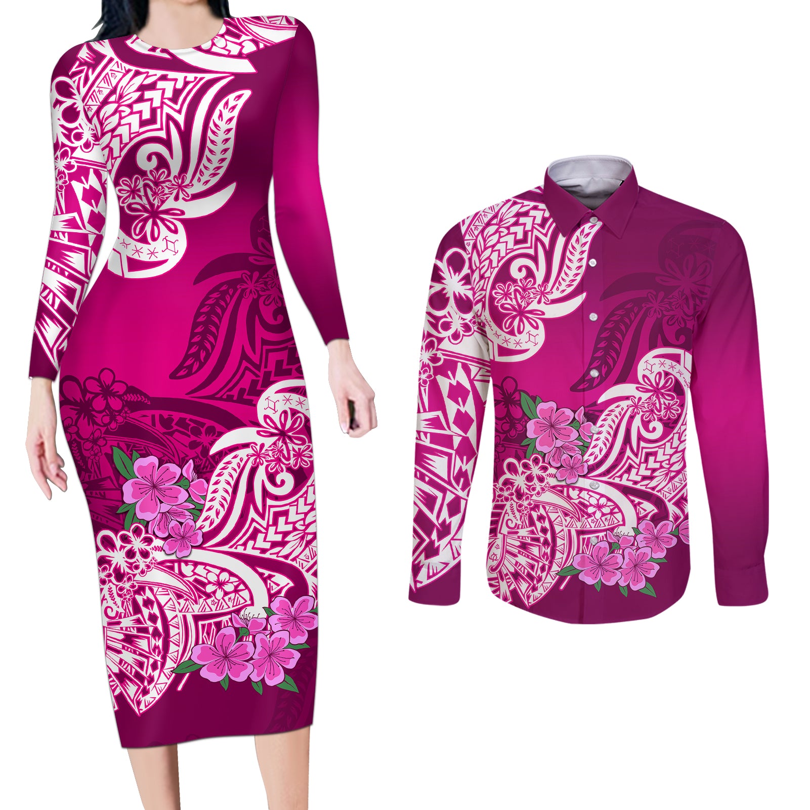 Polynesian Couples Matching Long Sleeve Bodycon Dress and Long Sleeve Button Shirts Pacific Flower Mix Floral Tribal Tattoo Pink Vibe LT9 - Wonder Print Shop