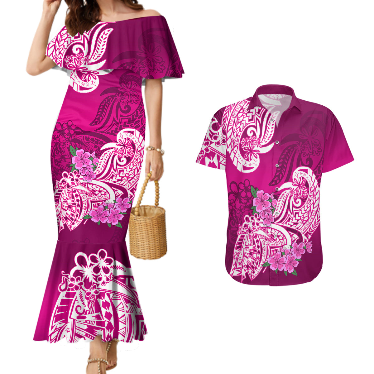 Polynesian Couples Matching Mermaid Dress And Hawaiian Shirt Pacific Flower Mix Floral Tribal Tattoo Pink Vibe LT9 - Wonder Print Shop