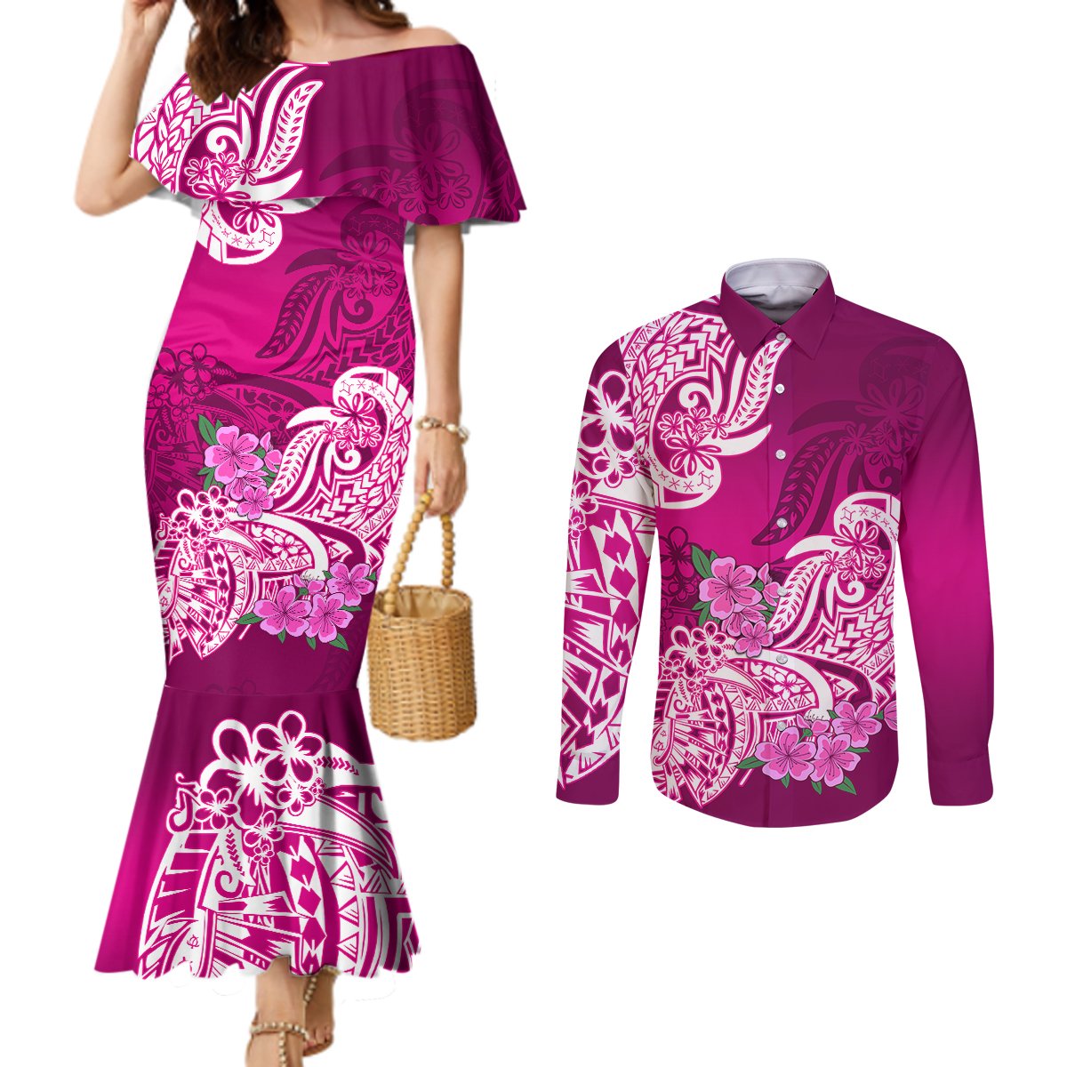 polynesian-couples-matching-mermaid-dress-and-long-sleeve-button-shirts-pacific-flower-mix-floral-tribal-tattoo-pink-vibe