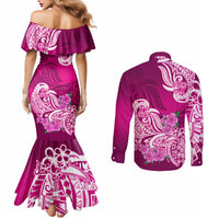 polynesian-couples-matching-mermaid-dress-and-long-sleeve-button-shirts-pacific-flower-mix-floral-tribal-tattoo-pink-vibe