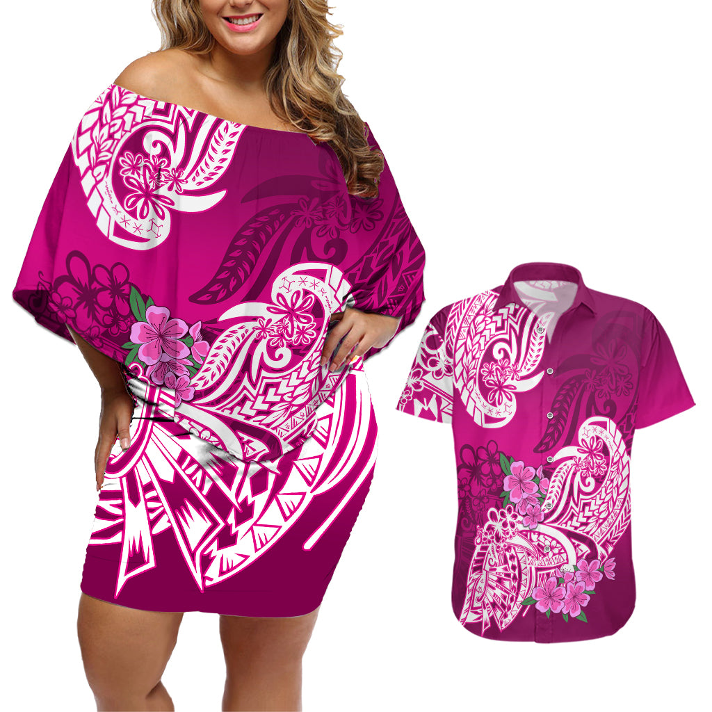 Polynesian Couples Matching Off Shoulder Short Dress and Hawaiian Shirt Pacific Flower Mix Floral Tribal Tattoo Pink Vibe LT9 - Wonder Print Shop