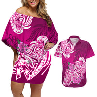 Polynesian Couples Matching Off Shoulder Short Dress and Hawaiian Shirt Pacific Flower Mix Floral Tribal Tattoo Pink Vibe LT9 - Wonder Print Shop