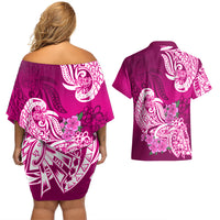 Polynesian Couples Matching Off Shoulder Short Dress and Hawaiian Shirt Pacific Flower Mix Floral Tribal Tattoo Pink Vibe LT9 - Wonder Print Shop