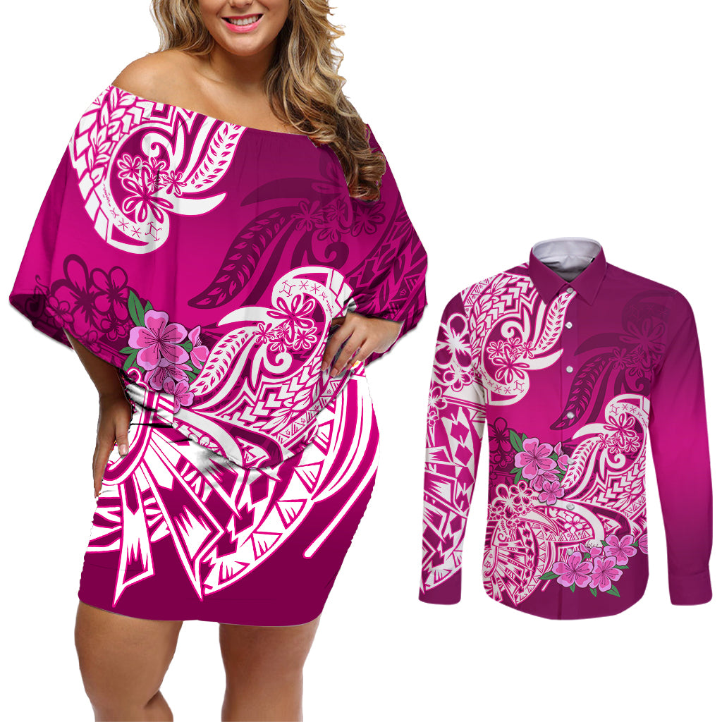 Polynesian Couples Matching Off Shoulder Short Dress and Long Sleeve Button Shirts Pacific Flower Mix Floral Tribal Tattoo Pink Vibe LT9 - Wonder Print Shop