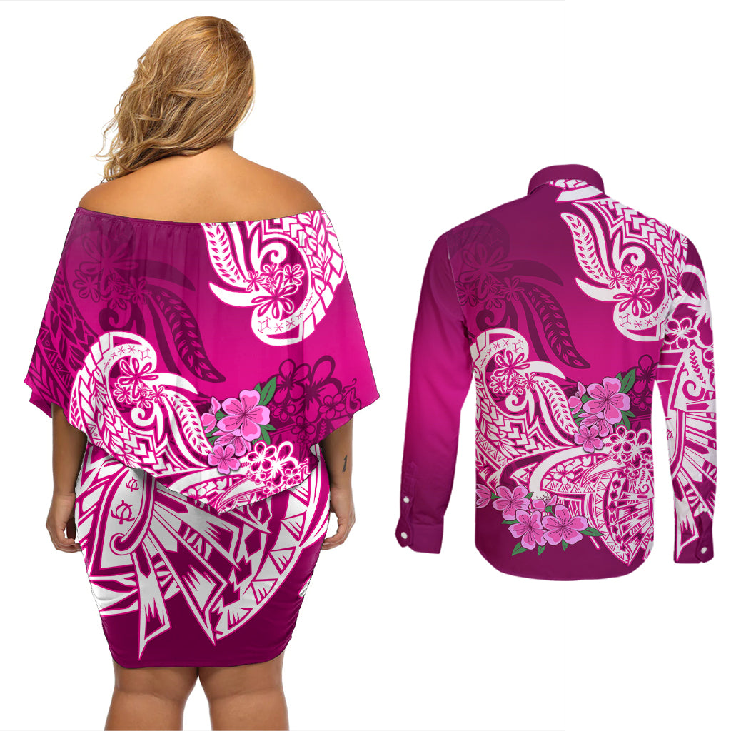 Polynesian Couples Matching Off Shoulder Short Dress and Long Sleeve Button Shirts Pacific Flower Mix Floral Tribal Tattoo Pink Vibe LT9 - Wonder Print Shop
