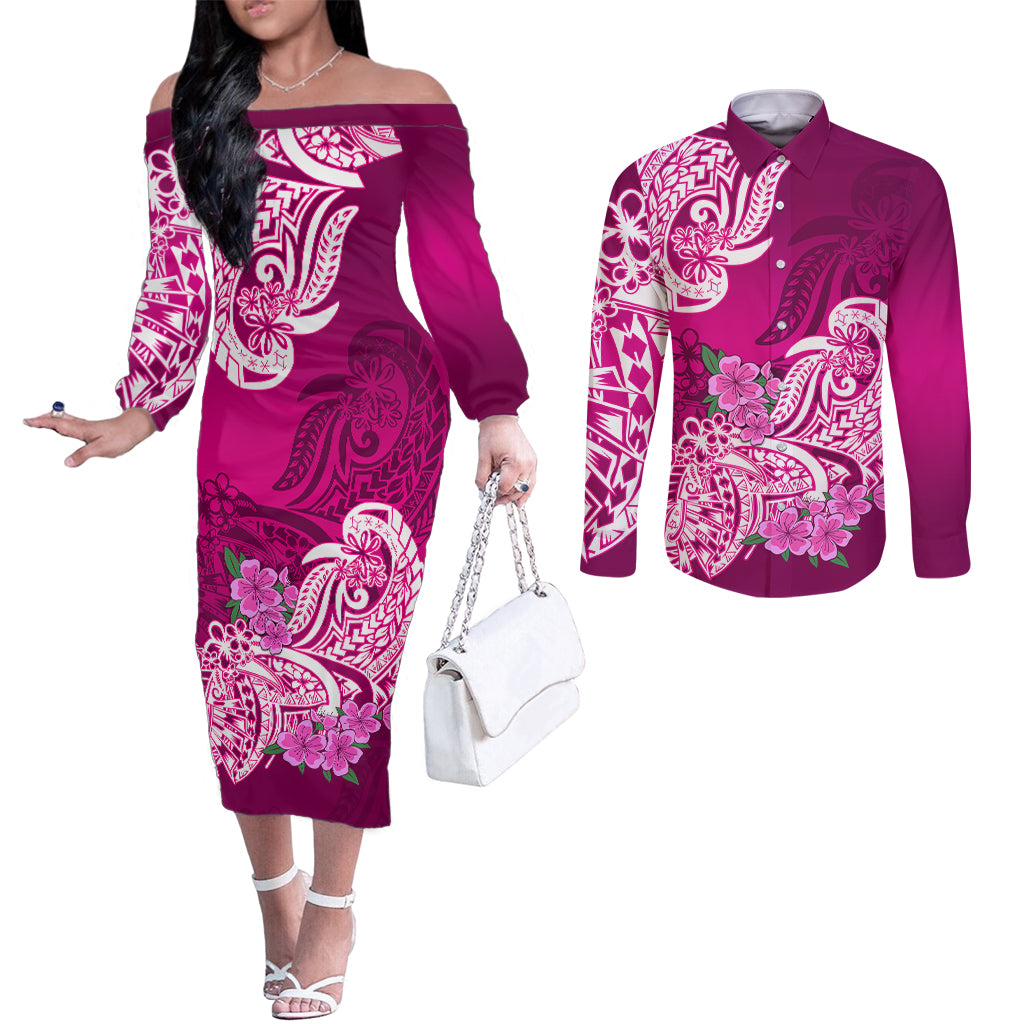 polynesian-couples-matching-off-the-shoulder-long-sleeve-dress-and-long-sleeve-button-shirts-pacific-flower-mix-floral-tribal-tattoo-pink-vibe