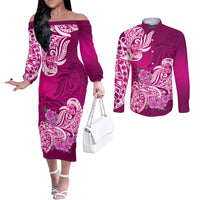 polynesian-couples-matching-off-the-shoulder-long-sleeve-dress-and-long-sleeve-button-shirts-pacific-flower-mix-floral-tribal-tattoo-pink-vibe
