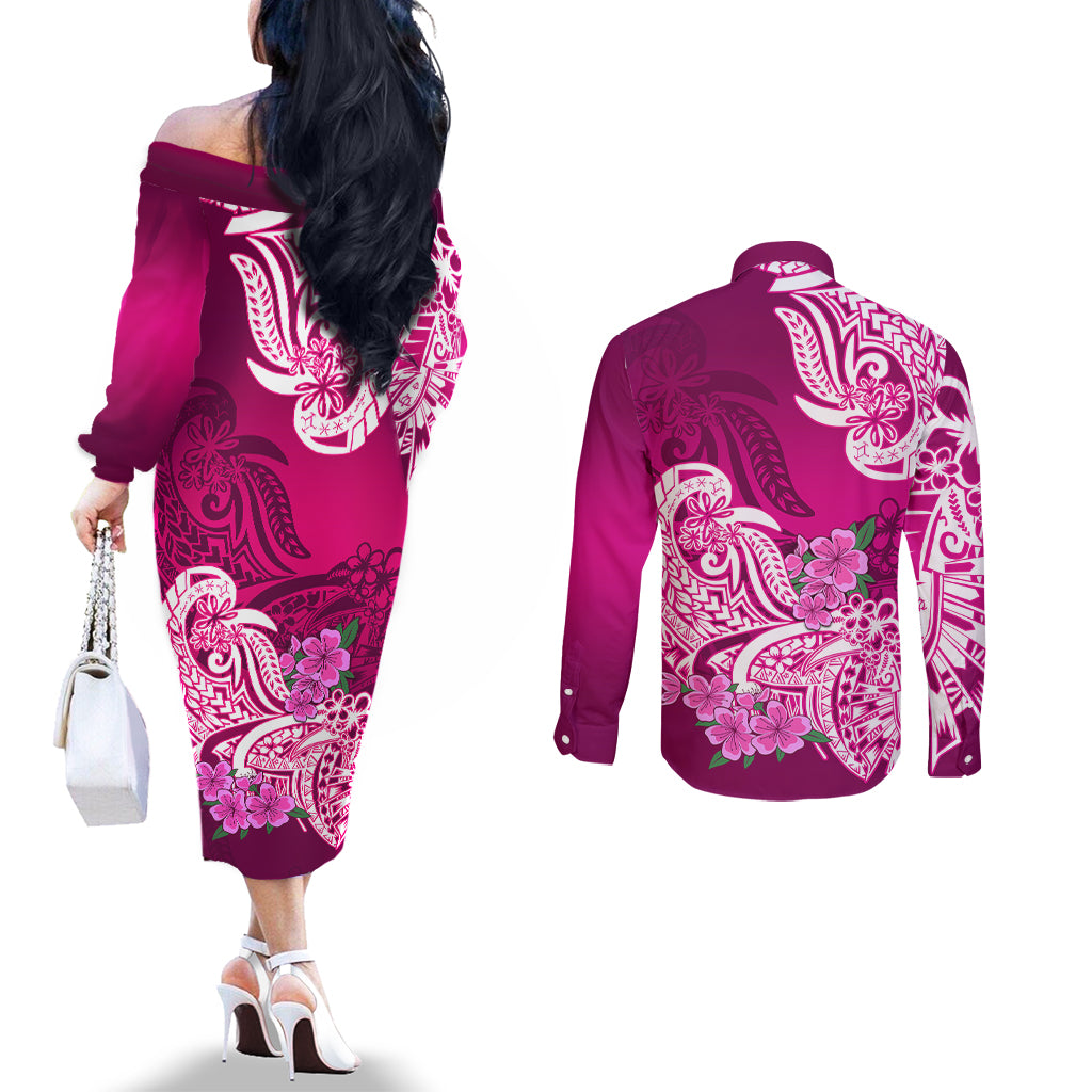 polynesian-couples-matching-off-the-shoulder-long-sleeve-dress-and-long-sleeve-button-shirts-pacific-flower-mix-floral-tribal-tattoo-pink-vibe