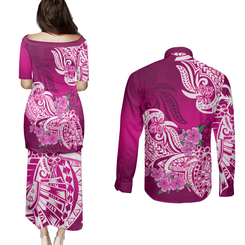 Polynesian Couples Matching Puletasi Dress and Long Sleeve Button Shirts Pacific Flower Mix Floral Tribal Tattoo Pink Vibe LT9 - Wonder Print Shop