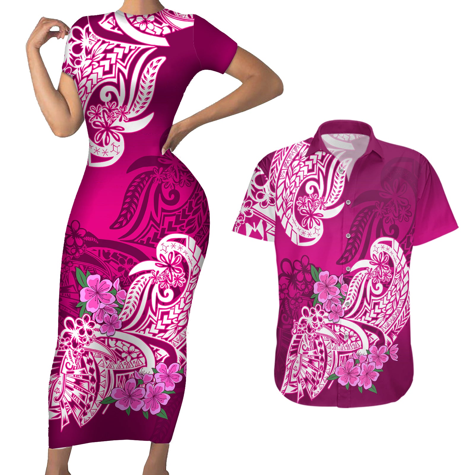 Polynesian Couples Matching Short Sleeve Bodycon Dress and Hawaiian Shirt Pacific Flower Mix Floral Tribal Tattoo Pink Vibe LT9 - Wonder Print Shop