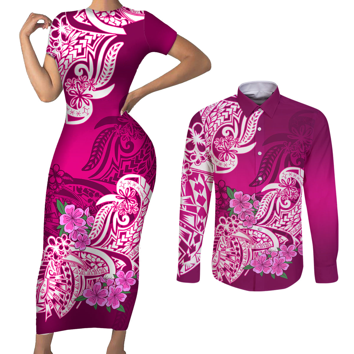 Polynesian Couples Matching Short Sleeve Bodycon Dress and Long Sleeve Button Shirts Pacific Flower Mix Floral Tribal Tattoo Pink Vibe LT9 - Wonder Print Shop