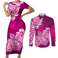 Polynesian Couples Matching Short Sleeve Bodycon Dress and Long Sleeve Button Shirts Pacific Flower Mix Floral Tribal Tattoo Pink Vibe LT9 - Wonder Print Shop