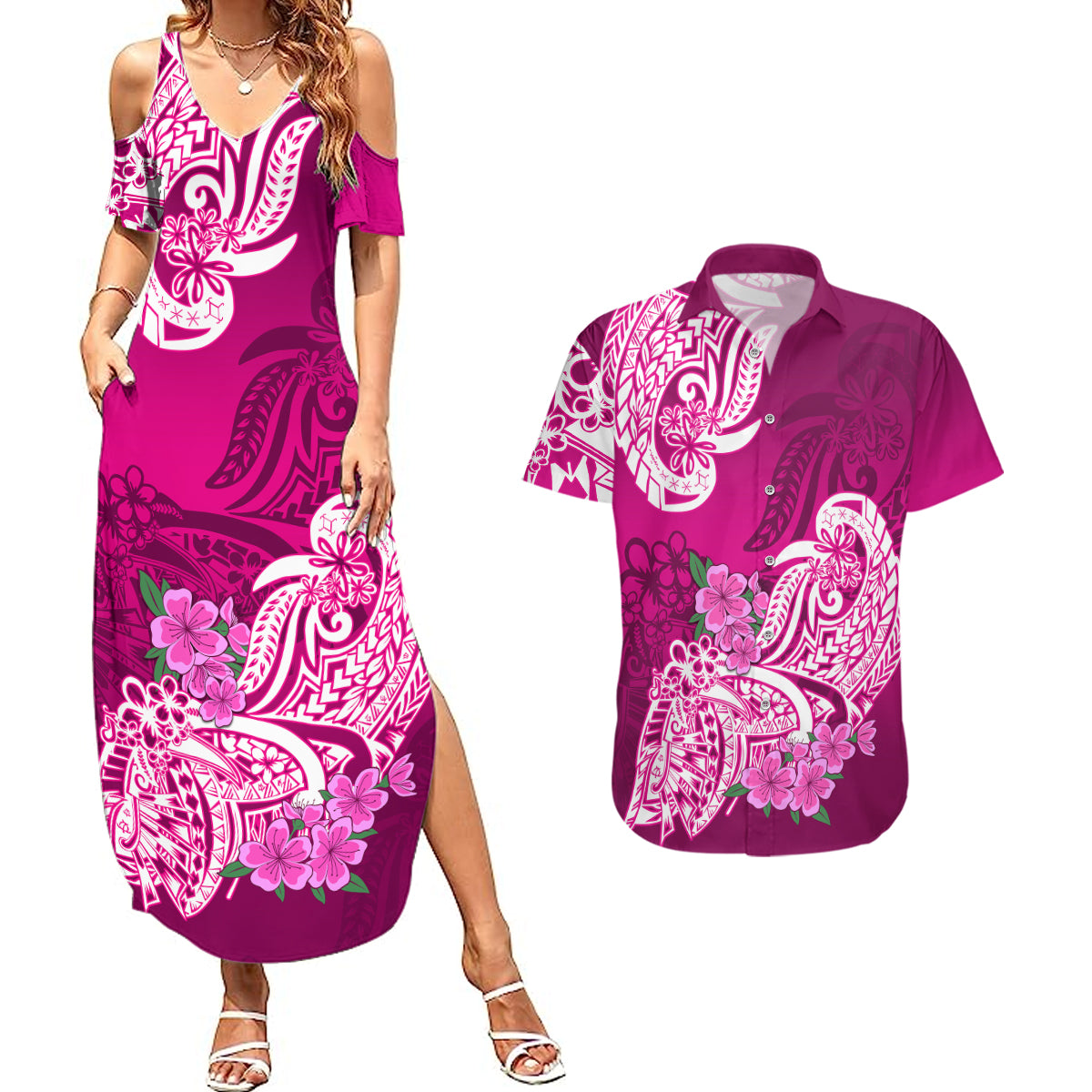 Polynesian Couples Matching Summer Maxi Dress and Hawaiian Shirt Pacific Flower Mix Floral Tribal Tattoo Pink Vibe LT9 - Wonder Print Shop