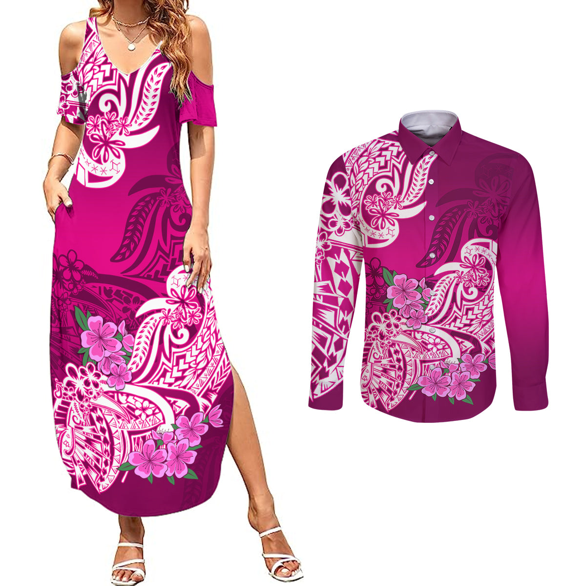 Polynesian Couples Matching Summer Maxi Dress and Long Sleeve Button Shirts Pacific Flower Mix Floral Tribal Tattoo Pink Vibe LT9 - Wonder Print Shop