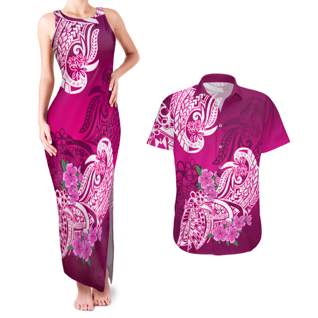 Polynesian Couples Matching Tank Maxi Dress And Hawaiian Shirt Pacific Flower Mix Floral Tribal Tattoo Pink Vibe LT9 - Wonder Print Shop