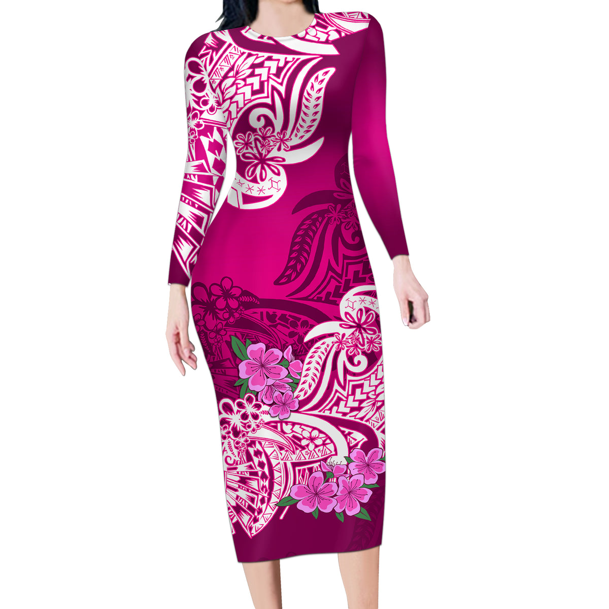 Polynesian Long Sleeve Bodycon Dress Pacific Flower Mix Floral Tribal Tattoo Pink Vibe - Wonder Print Shop
