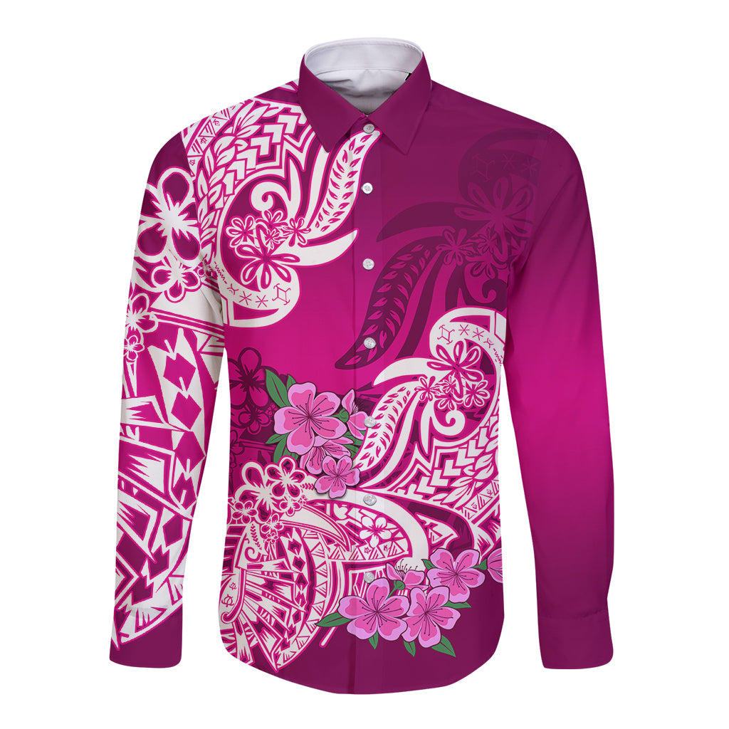 Polynesian Long Sleeve Button Shirt Pacific Flower Mix Floral Tribal Tattoo Pink Vibe - Wonder Print Shop