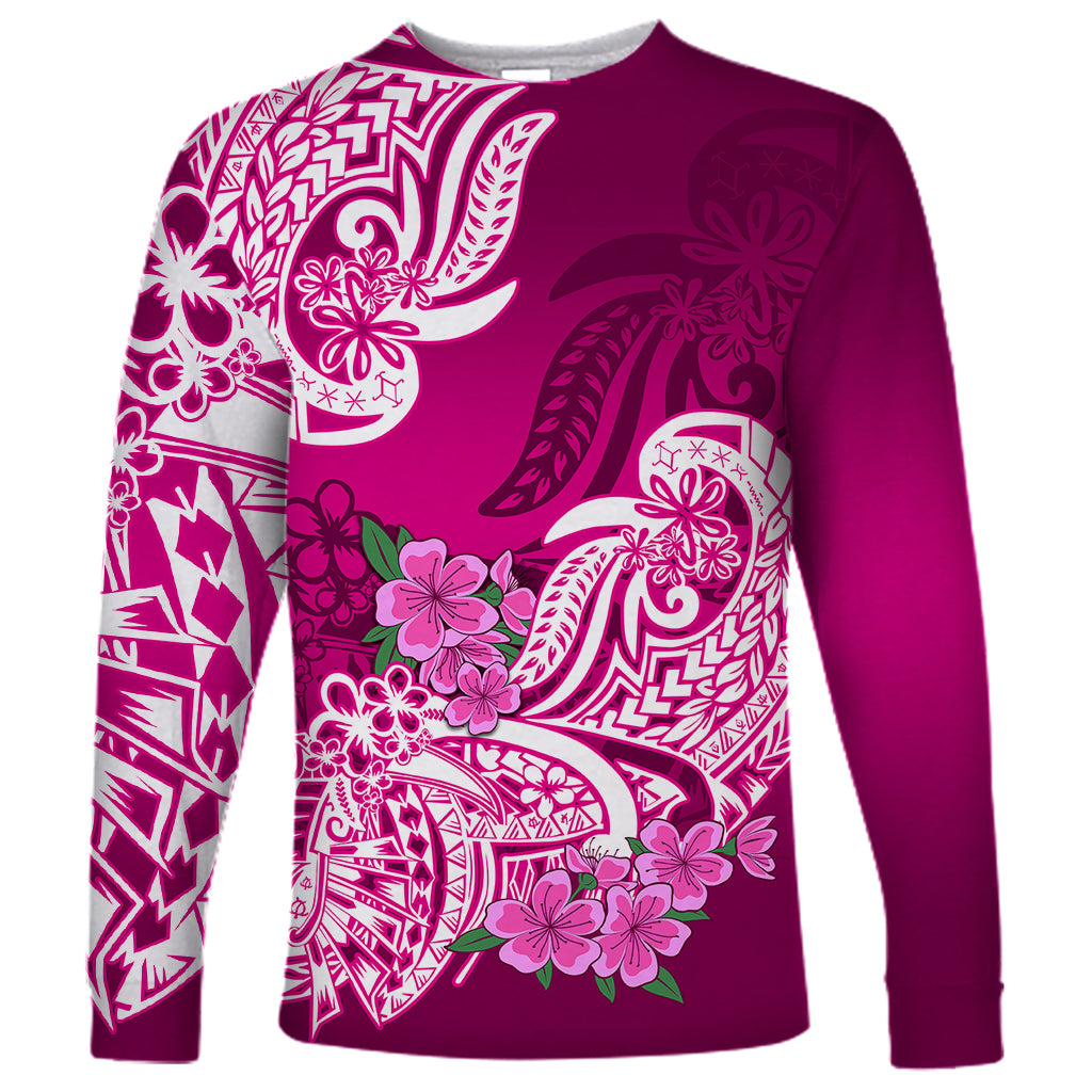 Polynesian Long Sleeve Shirt Pacific Flower Mix Floral Tribal Tattoo Pink Vibe - Wonder Print Shop