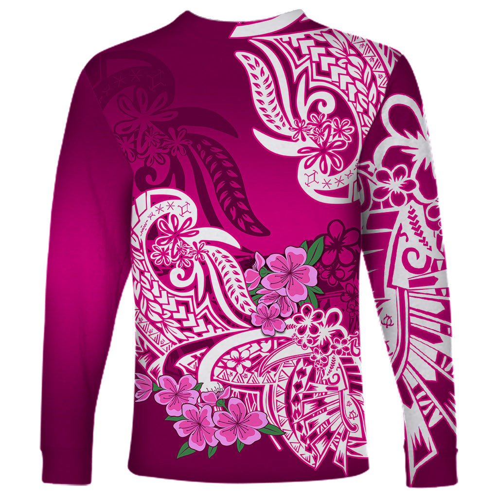 Polynesian Long Sleeve Shirt Pacific Flower Mix Floral Tribal Tattoo Pink Vibe - Wonder Print Shop