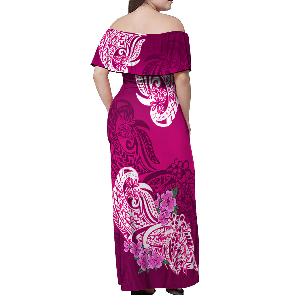 Polynesian Off Shoulder Maxi Dress Pacific Flower Mix Floral Tribal Tattoo Pink Vibe - Wonder Print Shop