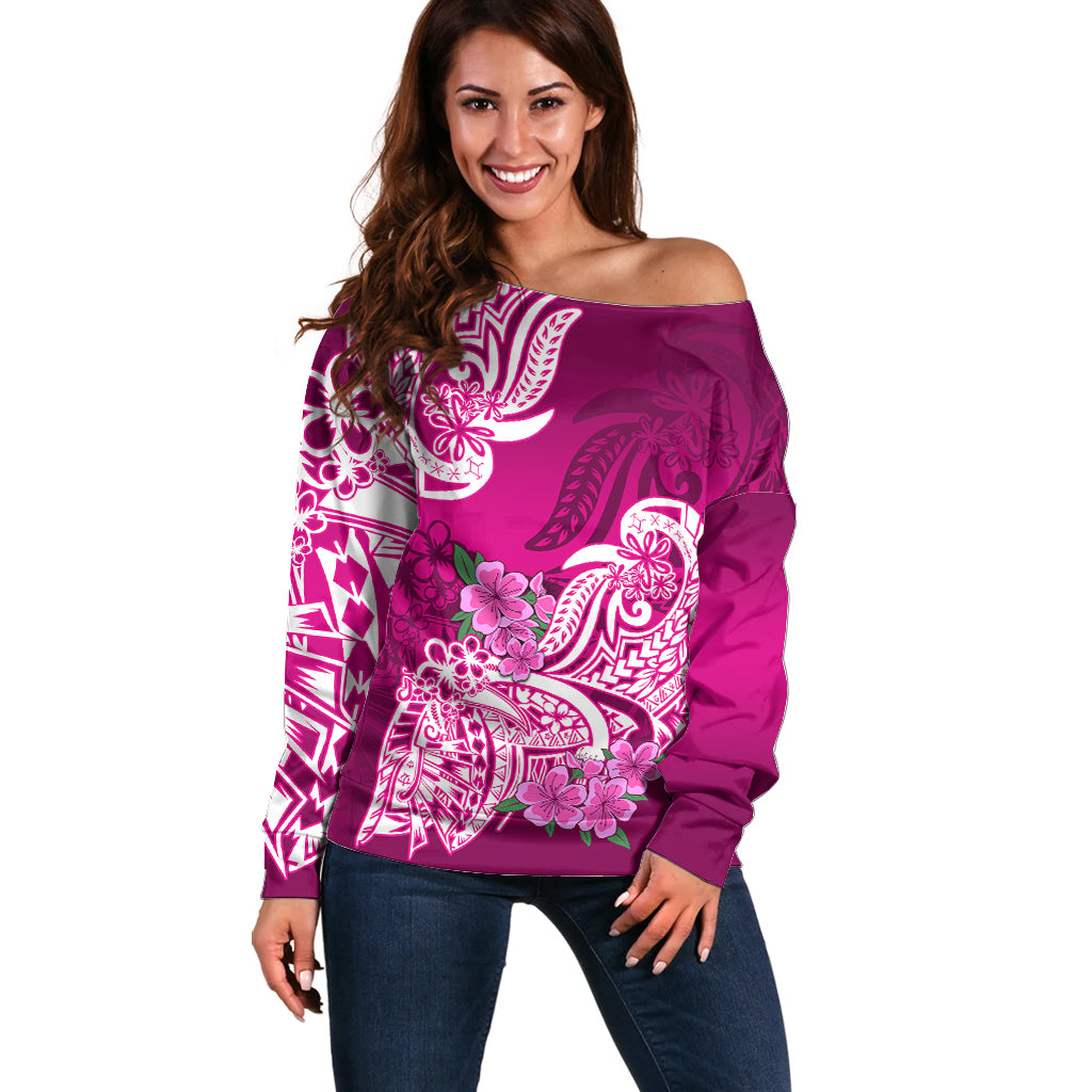 Polynesian Off Shoulder Sweater Pacific Flower Mix Floral Tribal Tattoo Pink Vibe - Wonder Print Shop
