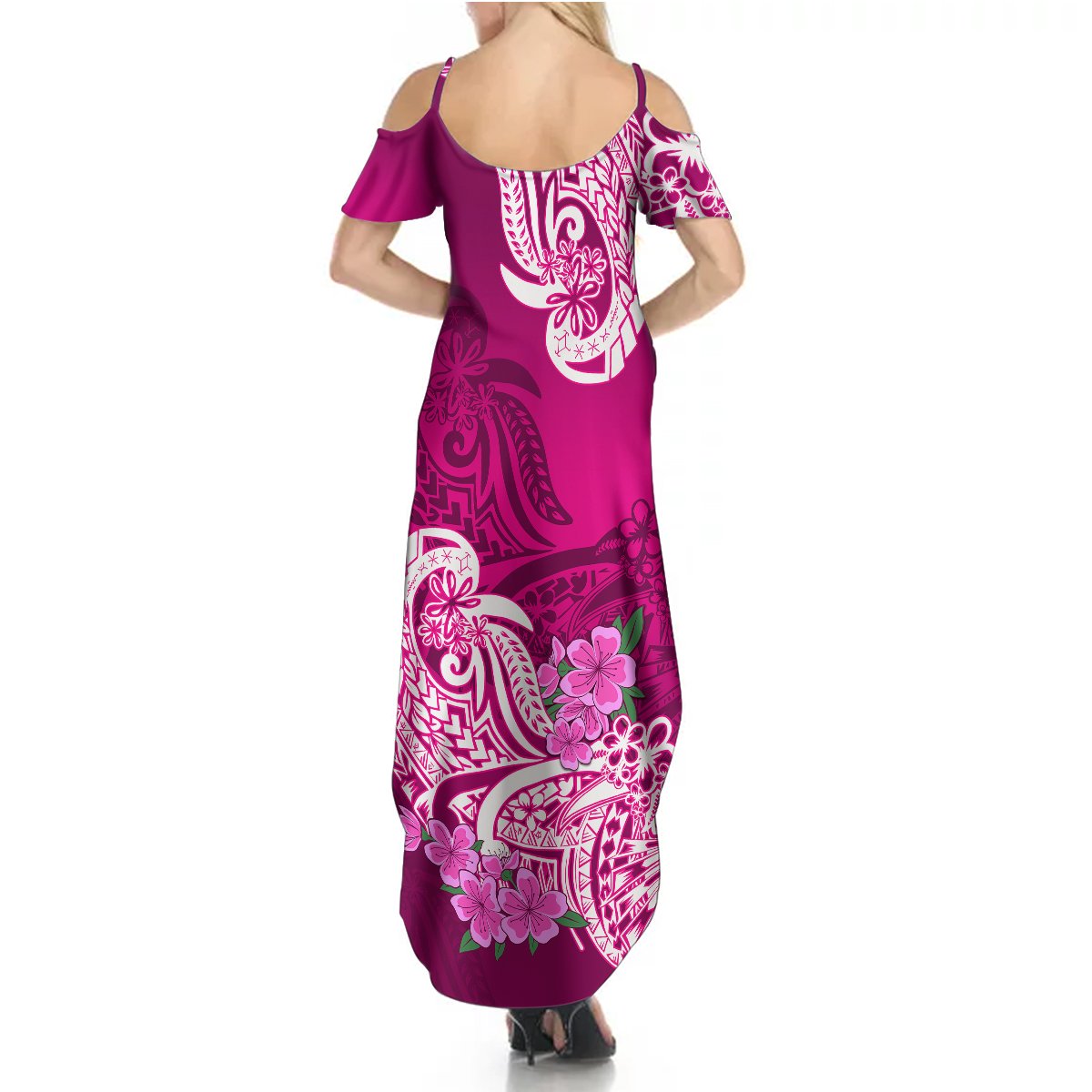 Polynesian Summer Maxi Dress Pacific Flower Mix Floral Tribal Tattoo Pink Vibe - Wonder Print Shop