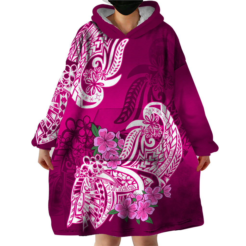 Polynesian Wearable Blanket Hoodie Pacific Flower Mix Floral Tribal Tattoo Pink Vibe - Wonder Print Shop