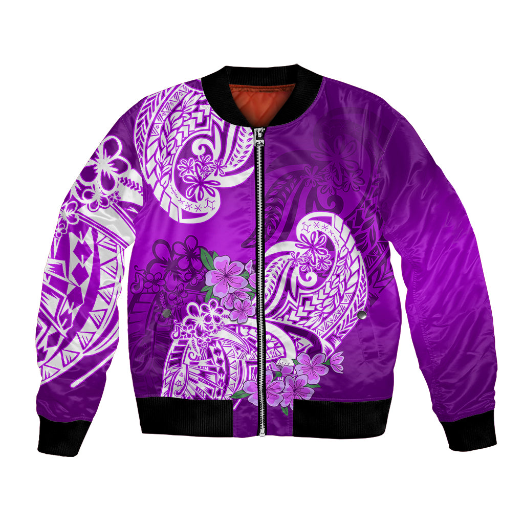 Polynesian Bomber Jacket Pacific Flower Mix Floral Tribal Tattoo Purple Vibe LT9 - Wonder Print Shop