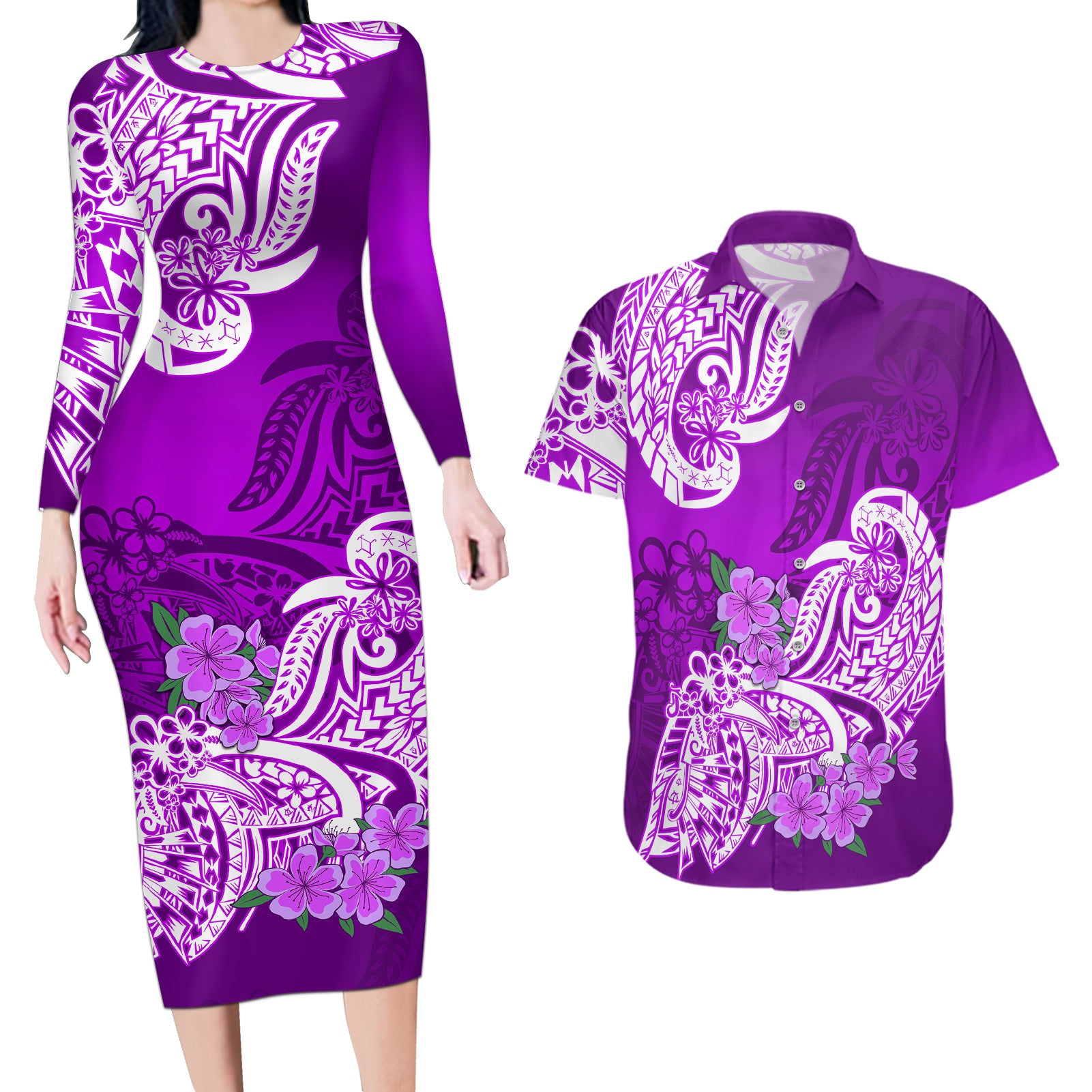 Polynesian Couples Matching Long Sleeve Bodycon Dress and Hawaiian Shirt Pacific Flower Mix Floral Tribal Tattoo Purple Vibe LT9 - Wonder Print Shop