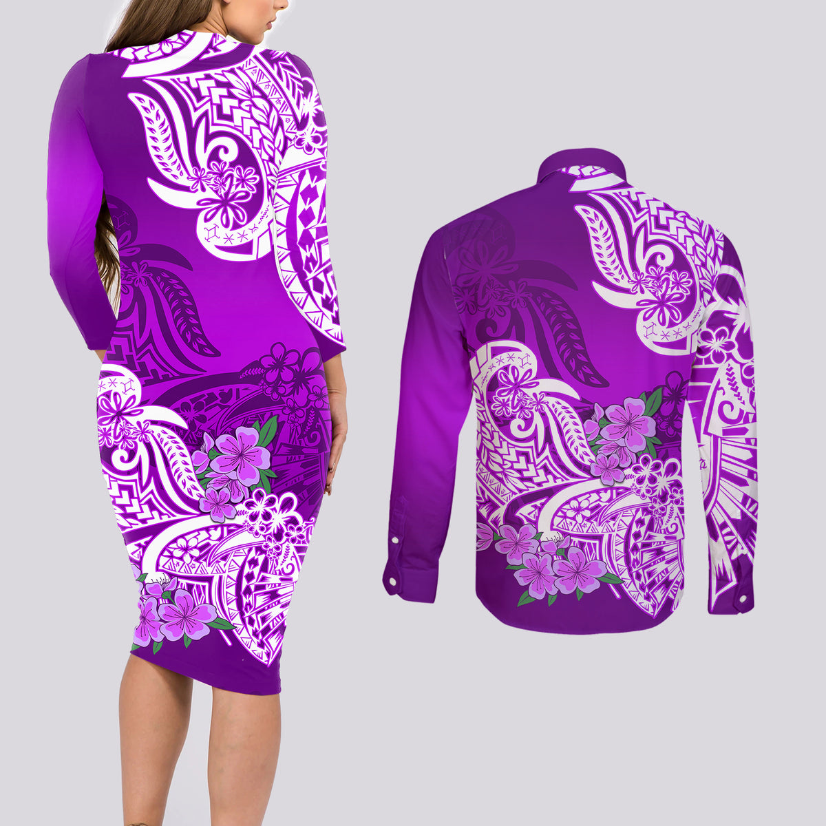 Polynesian Couples Matching Long Sleeve Bodycon Dress and Long Sleeve Button Shirts Pacific Flower Mix Floral Tribal Tattoo Purple Vibe LT9 - Wonder Print Shop