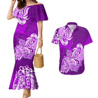 Polynesian Couples Matching Mermaid Dress And Hawaiian Shirt Pacific Flower Mix Floral Tribal Tattoo Purple Vibe LT9 - Wonder Print Shop