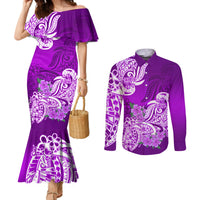 polynesian-couples-matching-mermaid-dress-and-long-sleeve-button-shirts-pacific-flower-mix-floral-tribal-tattoo-purple-vibe