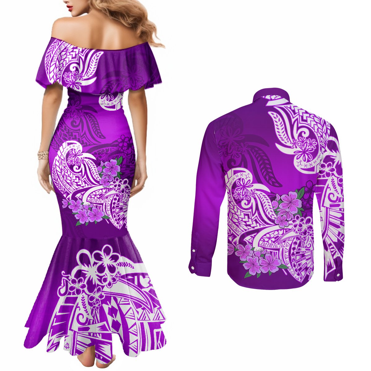 polynesian-couples-matching-mermaid-dress-and-long-sleeve-button-shirts-pacific-flower-mix-floral-tribal-tattoo-purple-vibe