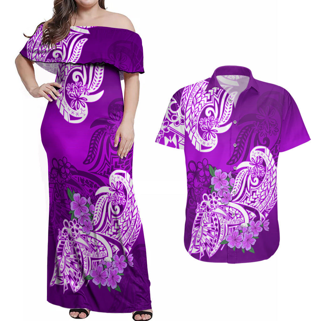 Polynesian Couples Matching Off Shoulder Maxi Dress and Hawaiian Shirt Pacific Flower Mix Floral Tribal Tattoo Purple Vibe LT9 - Wonder Print Shop